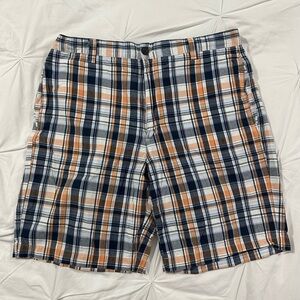 Chaps Plaid Shorts Men’s 34 Blue Orange 100% Cotton 9” Inseam Classic Fit